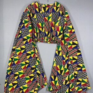 Women's Look At Me Crop Top One Size African Kente Pullover V-Neck Open Sleeve